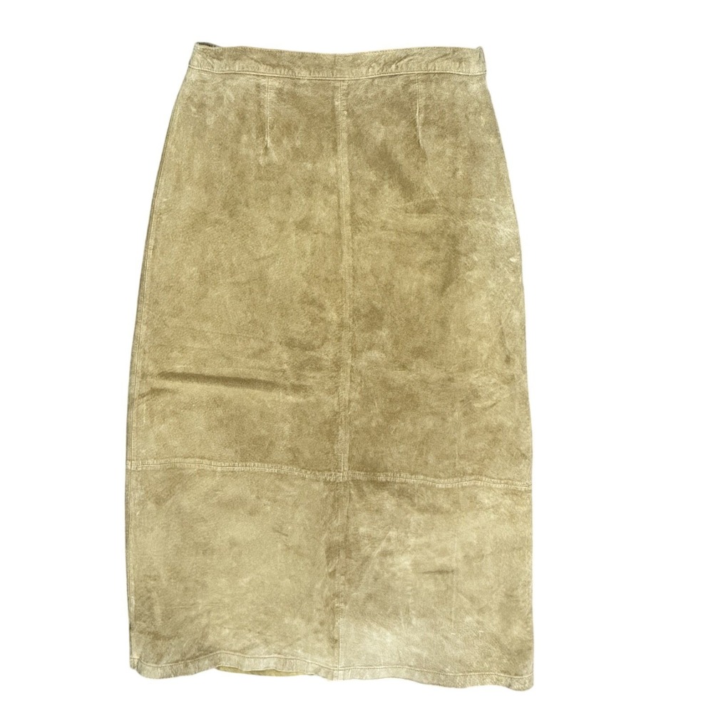 Vintage Stan Herman Suede Skirt Women's 12 Tan 100% Leather Lined Back Slit